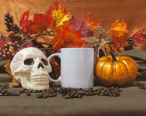 Mug Mock up of one 11 oz white glossy coffee mug on autumn  and halloween themed decoration with...
