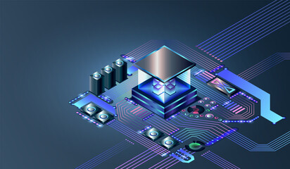 Electronic cpu digital chip. Abstract computer hardware or electronic components on motherboard. Technology of develop electronic devices on microchip or microprocessor, AI engineering