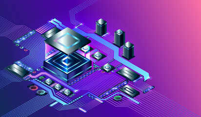 Electronic cpu digital chip. Processor chip on circuit board. Abstract computer hardware or electronic components on motherboard. Technology of AI engineering