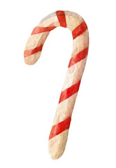 Watercolor Candy Cane for Icon. Sweet Christmas Caramel on white isolated background. Hand painted illustration