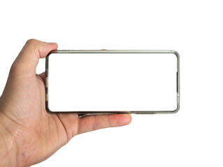 Male hand holding a blank smart phone isolated on white background with clipping path for the screen in widescreen format