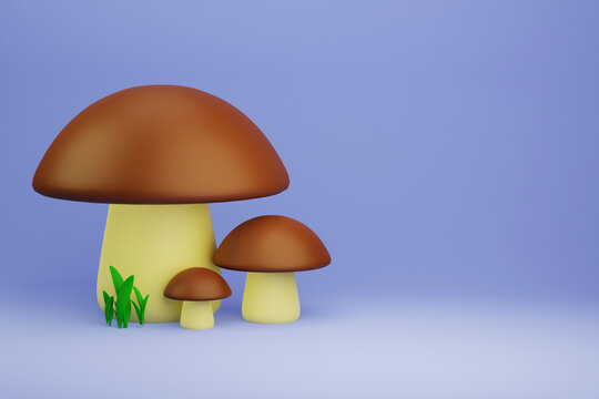 Glade of brown mushrooms, 3d illustration