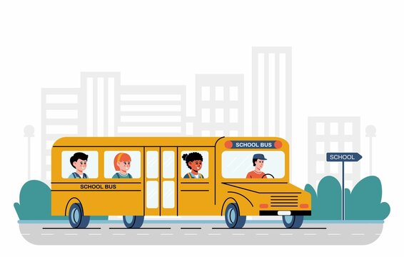 A vector cute illustration of kids or pupils riding in a yellow school bus. Modern city on background. Back to school concept. 