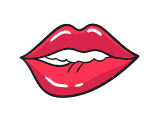 Fototapeta premium Comic female red lips sticker. Women mouth with lipstick in vintage comic style. Rop art retro illustration