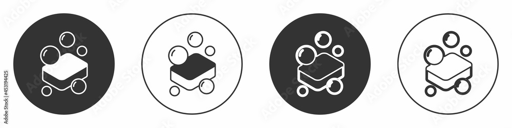 Poster black bar of soap icon isolated on white background. soap bar with bubbles. circle button. vector