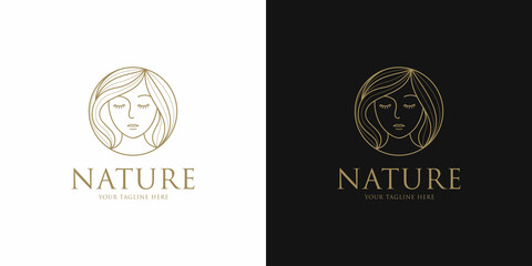 Beauty logo with woman inside circle style design template, flower, leaf, Premium Vector