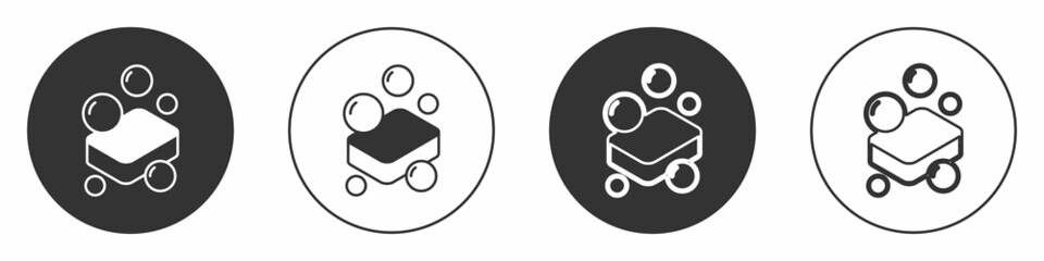Black Bar of soap icon isolated on white background. Soap bar with bubbles. Circle button. Vector
