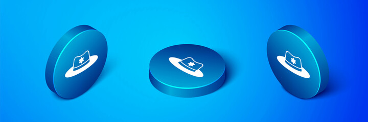 Isometric Sheriff hat with badge icon isolated on blue background. Blue circle button. Vector