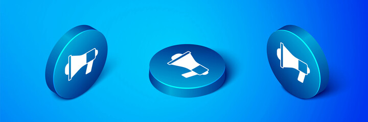 Isometric Megaphone icon isolated on blue background. Speaker sign. Blue circle button. Vector