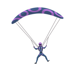 Male skydiver flying with sport equipment. Skydiving extreme sport. Parachute jumping character on white. Active hobbies sportsman jumps