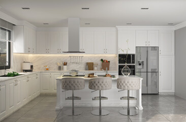 View of a white wooden luxury kitchen with a white marble bar with chairs. 3d rendering
