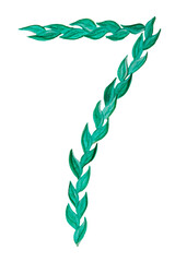 Watercolor hand drawn number 7 of green leaves isolated on a white background. Floral style.