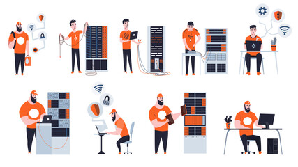 Male sysadmin work. Different situations of maintaining or repairing server. Maintaining work, repairing and adjusting network connection. Technical engineers work on system maintenance