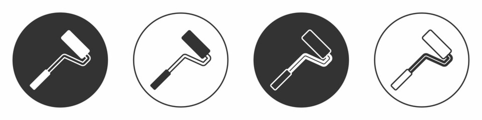 Black Paint roller brush icon isolated on white background. Circle button. Vector