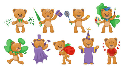 Teddy bears in different images. Cute brown cartoon animals. Funny  sticker symbols. Templates for print or greeting card