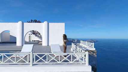 Obraz premium Illustration of a woman in a white bikini looking over her shoulder at a resort.