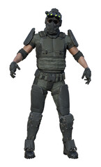 Illustration of a male soldier in full gear wearing sunglasses with arms out in an aggressive stance isolated on a white background.