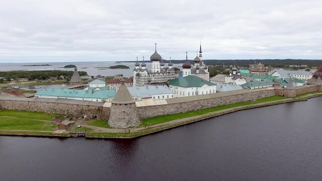 Solovki Russia kremlin aerial drone footage, tourism of north White Sea, long span to bay 4K