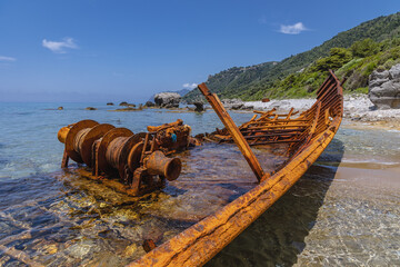 Shipwreck in Agios Gordios holiday resort village on west coast of Corfu Island, Greece