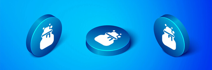 Isometric Witch cauldron icon isolated on blue background. Happy Halloween party. Blue circle button. Vector