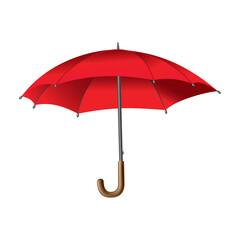 Red umbrella. Isolated on white background. Parasol opened. Hand-held rain or windbreak protection