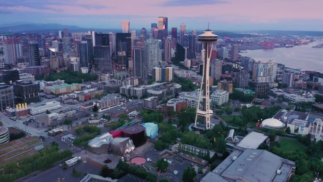 Aerial: Space Needle and downtown Seattle at sunset. Washington, USA