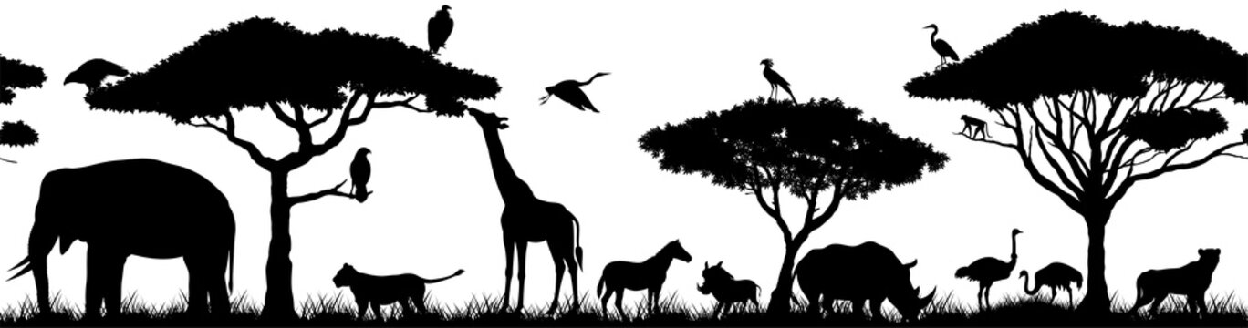 Vector horizontal seamless tropical african savannah with lion, zebra, vulture, heron, common warthog, rhinoceros, cheetah, monkey, African ostrich, elephant, girrafe, 