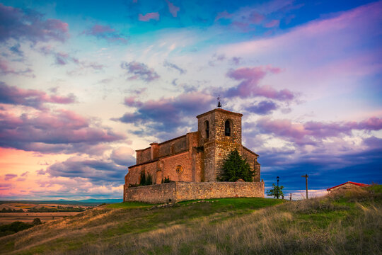 Sunset View of the Church San Martin Obispo in Atapuerca along the Way of St James Pilgrim Trail Camino de Santiago