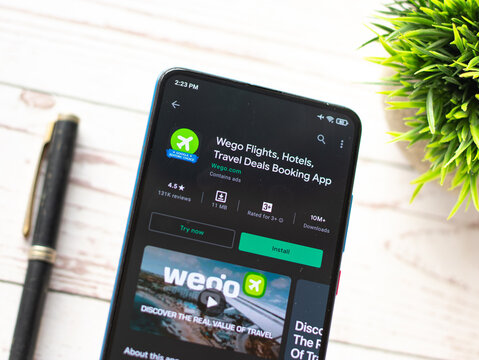 Assam, india - April 19, 2021 : Wego logo on phone screen stock image.