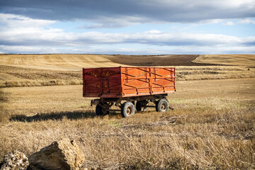 Tractor Trailer in the Field along the Way of St James Camino de Santiago Pilgrim Trail