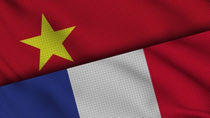 Vietnam and France Flags Together, Wavy Fabric, Breaking News, Political Diplomacy Crisis Concept, 3D Illustration