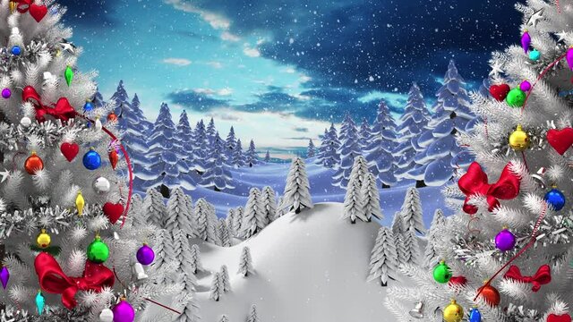 Animation of christmas trees over snow falling in winter scenery