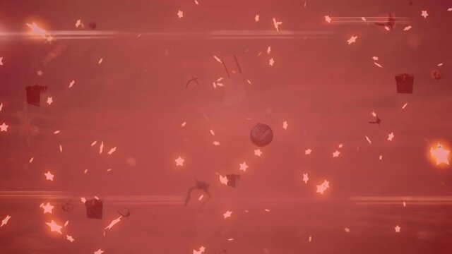 Animation of christmas presents, balls and stars falling over background with red filter