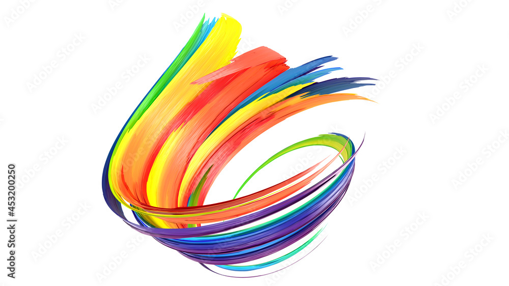 Poster rainbow abstract twisted brush stroke. bright curl, artistic spiral. 3d rendering image