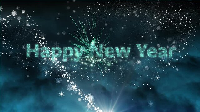 Animation of happy new year text, fireworks and christmas star falling