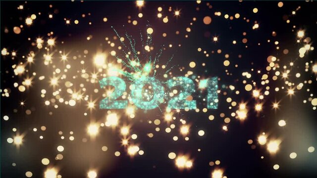 Animation of 2021 text, fireworks and glowing stars