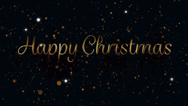 Animation of happy christmas text over glowing stars on black background