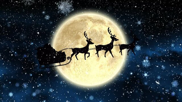 Santa claus in sleigh being pulled by reindeers against shining stars an moon in the night sky