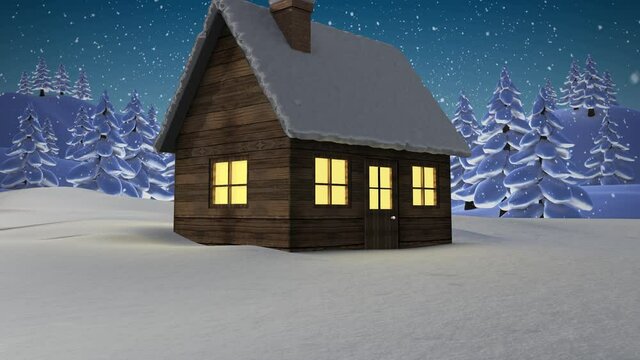 Animation of snow falling over over house in winter scenery