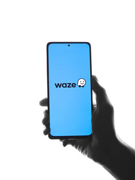 Assam, india - May 29, 2021 : Waze logo on phone screen stock image.