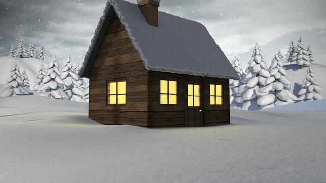 Animation of snow falling over over house in winter scenery