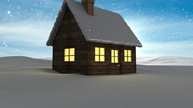 Animation of snow falling over over house in winter scenery