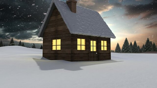 Animation of snow falling over over house in winter scenery