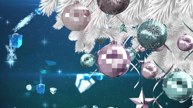 Animation of christmas boubles over blue background with snow and presents falling