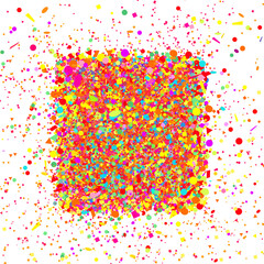 Square shape. Multicolored confetti on white. Pattern for design. Background with glitters. Print for polygraphy, posters, banners and textiles. Greeting cards