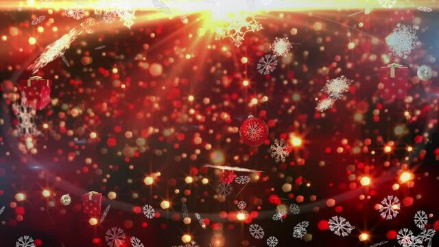 Animation of christmas boubles presents, snow and stars falling over red background