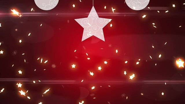 Animation of christmas boubles and stars falling over red background