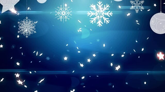 Animation of christmas boubles, snow and stars falling over blue background
