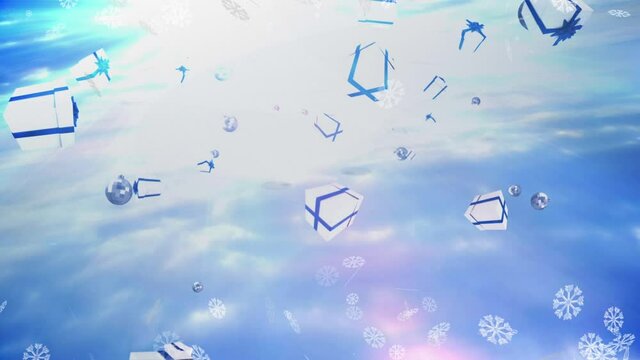 Animation of , christmas boubles and presents and snow falling over blue background