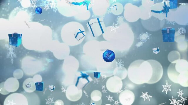 Animation of christmas boubles, presents and snow falling over blue background with bokeh